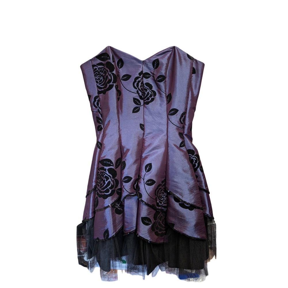 Masquerade Purple Iridescent Velvet Rose Flocked Tiered Tulle Cocktail Dress 7/8